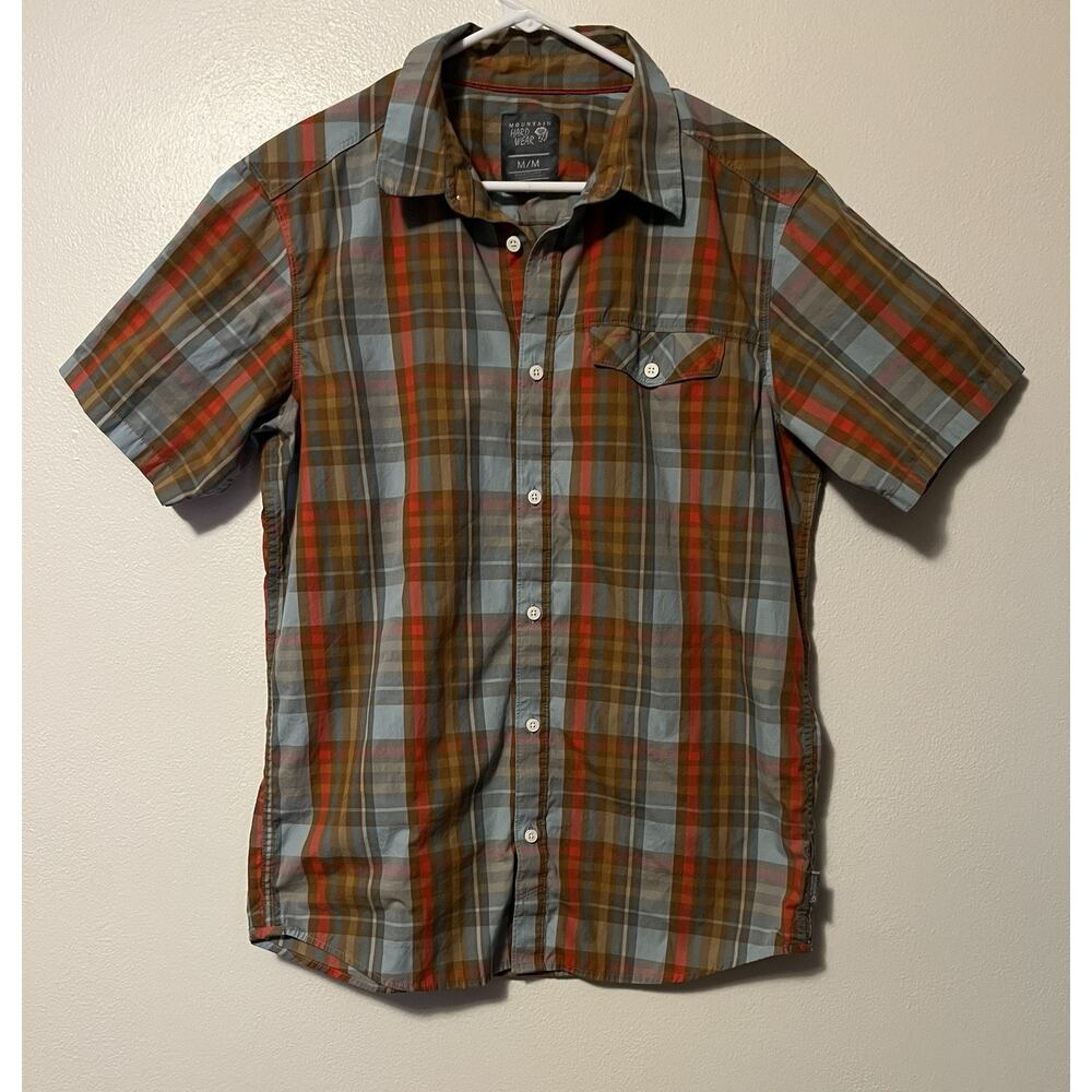 Mountain Hardwear Mens Plaid Short Sleeve Button Up Shirt Sz Medium Orange Blue